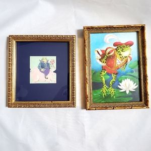 Vintage Pair of Framed Frog Prince Pig Prints